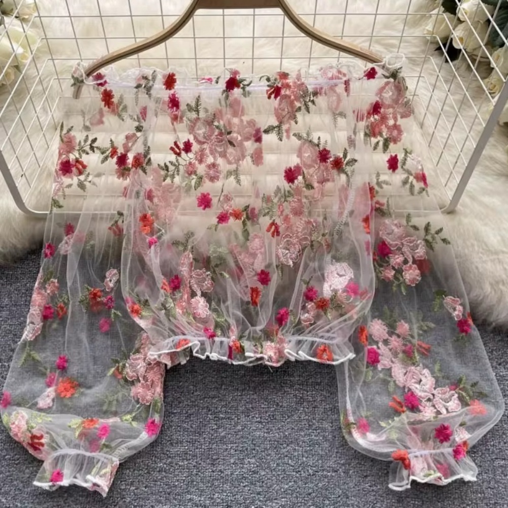 Sheer Floral Embroidered Off-Shoulder Top - Pink